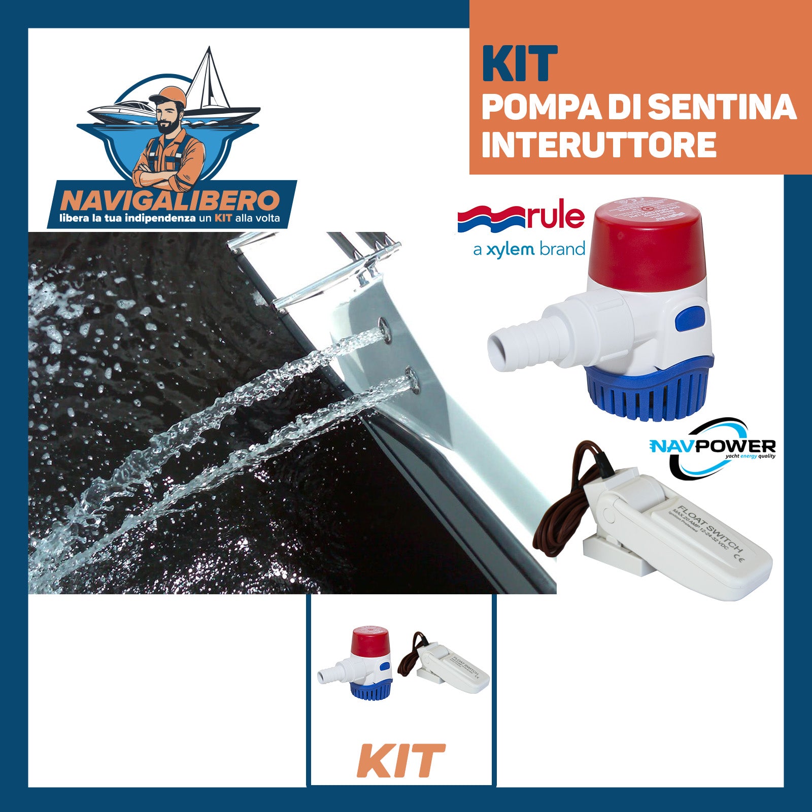 Kit Pompa di sentina e Interruttore - Rule + Navpower - Svuota acqua da sentina